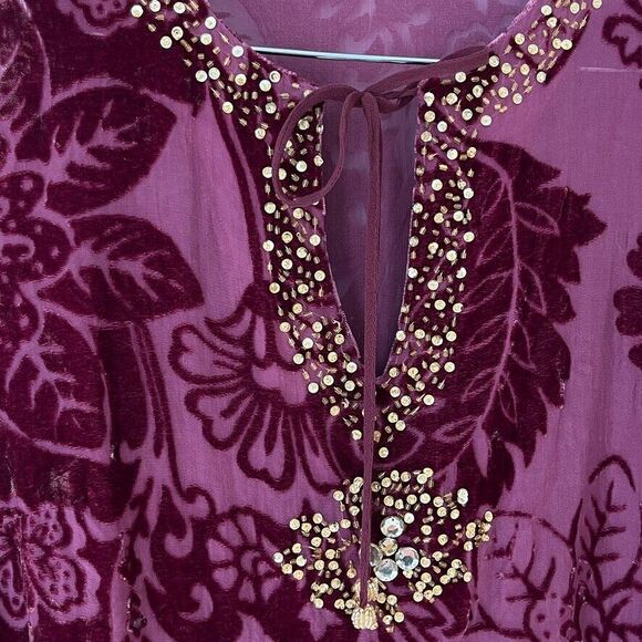 VTG ECI NY Velvet Burnout Beaded Long Sleeve Top Burgundy Womens M Whimsigoth - Picture 4 of 11